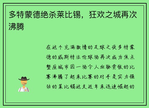 多特蒙德绝杀莱比锡，狂欢之城再次沸腾