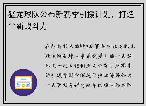 猛龙球队公布新赛季引援计划，打造全新战斗力