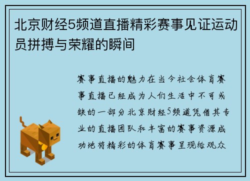 北京财经5频道直播精彩赛事见证运动员拼搏与荣耀的瞬间